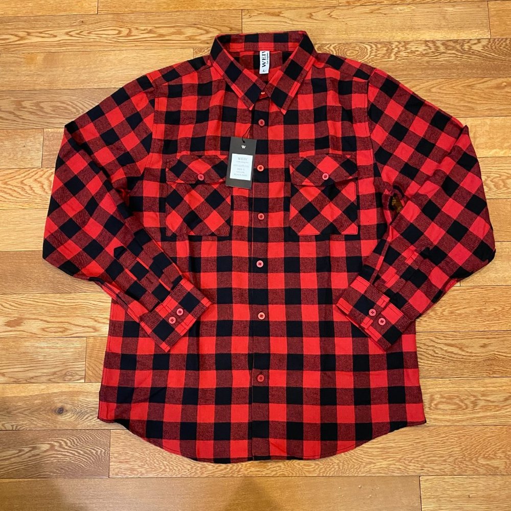 WEIV Los Angeles Men's Red Black Plaid Button Up Flannel Shirt Large Long Sleeve